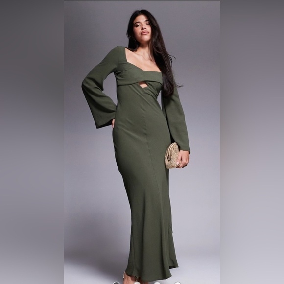 ASOS DESIGN satin cross bust cutout detail midi dress in dark khaki green US 4 - Picture 3 of 3